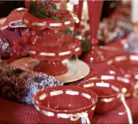 Kırmızı Seramik Kurdeleli Servis